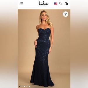 Lulus Wow the Crowd Navy Blue Lace Strapless Mermaid Maxi Dress size Small